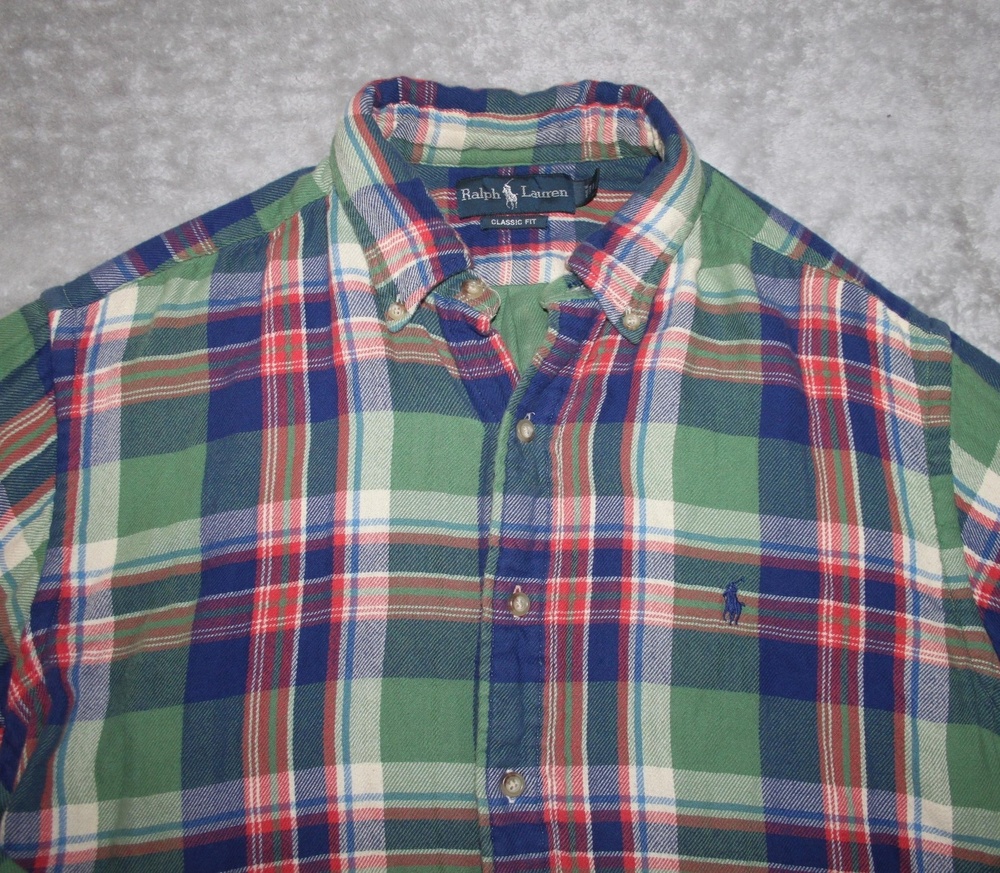 Ralph Lauren Shirt Mens L Green Plaid Button Up Long Sleeve Cotton Flannel